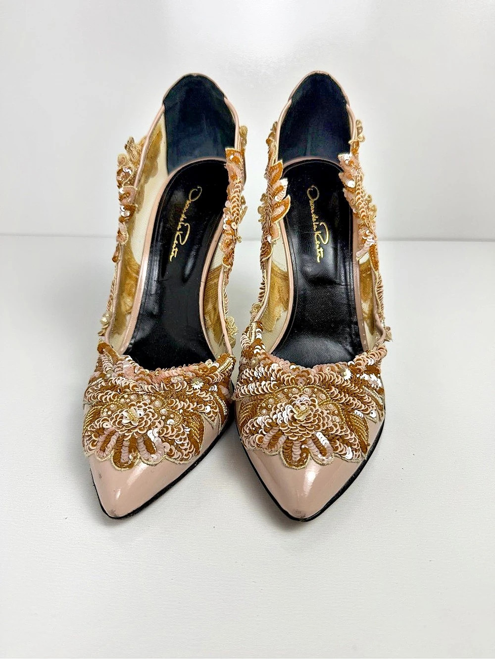 Oscar de la Renta Alyssa Pink Mesh Sequin Floral Pumps Heels 39